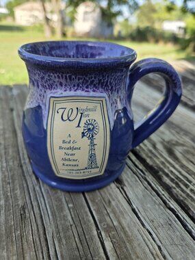 Deneen Pottery Coffee Mug Windmill Inn Abilene Kansas Bed & Breakfast Blue Drip